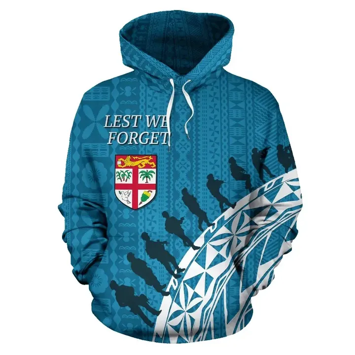 Fiji Anzac Lest We Forget Hoodie with Blue color - Front - For Men and Women