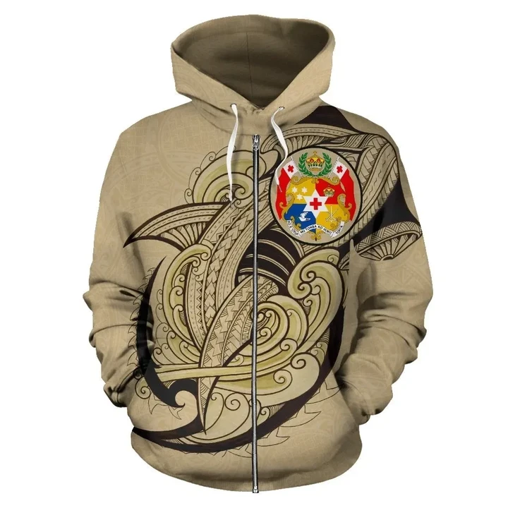 Tonga Zip Hoodie - Polynesian Shark Pattern Gold Color | Rugby Life