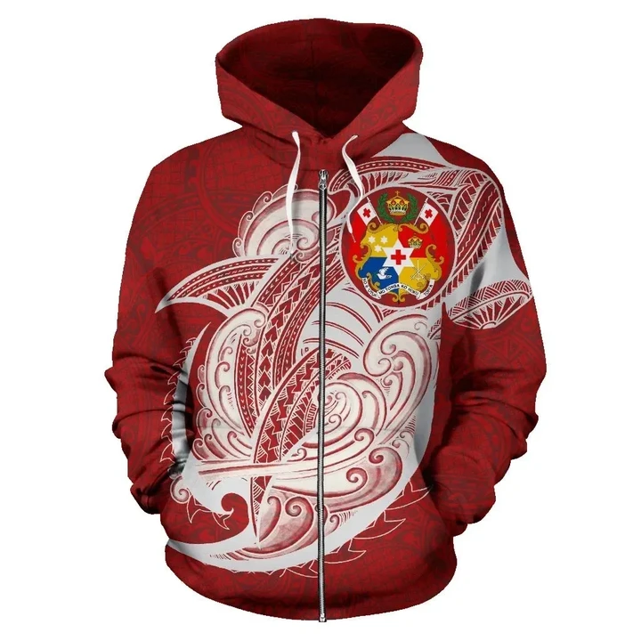 Tonga Zip Hoodie - Polynesian Shark Pattern Red Color | Rugby Life