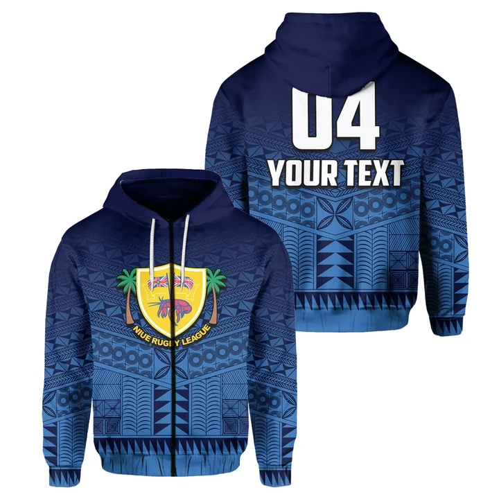 (Custom Text and Number) Niue Rugby Zip Hoodie Blue