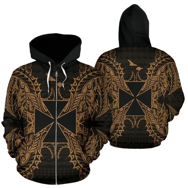 Wallis And Futuna Polynesian All Over Zip Up Hoodie Map Gold - Bn39