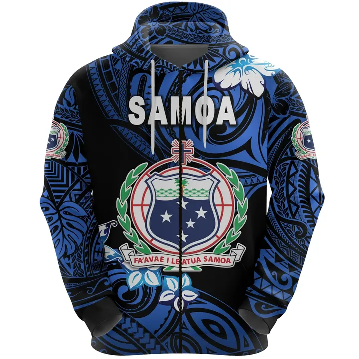 (Custom Personalised) Manu Samoa Rugby Zip Hoodie Unique Vibes Coat Of Arms - Blue, Custom Text And Number