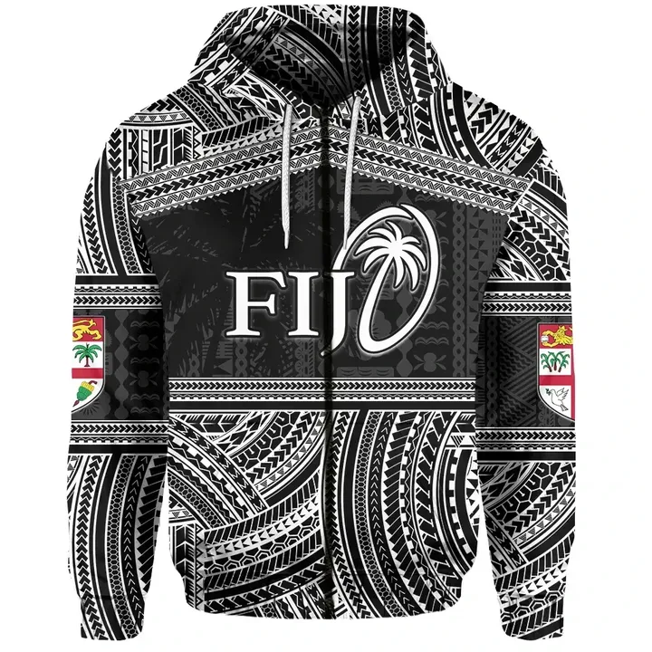 (Custom Personalised) Fiji Rugby Polynesian Patterns Zip-Hoodie White