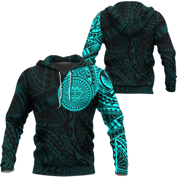 RugbyLife Hoodie - Polynesian Sun Mask Tattoo Style - Cyan Version A7 | RugbyLife