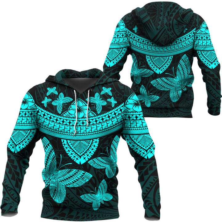 RugbyLife Hoodie - Polynesian Tattoo Style Butterfly - Cyan Version A7 | RugbyLife