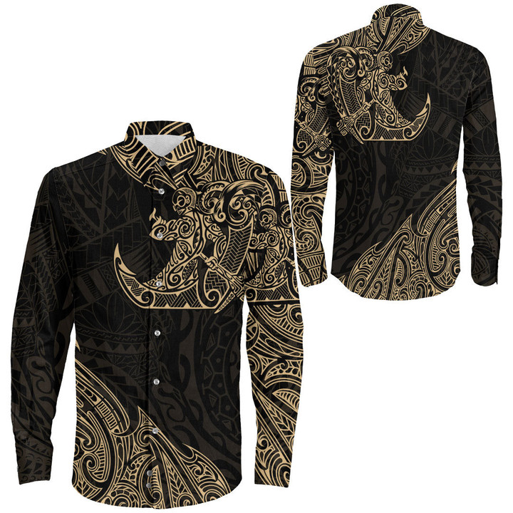 RugbyLife Clothing - Polynesian Tattoo Style Surfing - Gold Version Long Sleeve Button Shirt A7 | RugbyLife