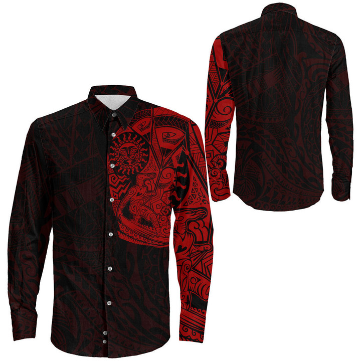RugbyLife Clothing - Kite Surfer Maori Tattoo With Sun And Waves - Red Version Long Sleeve Button Shirt A7 | RugbyLife