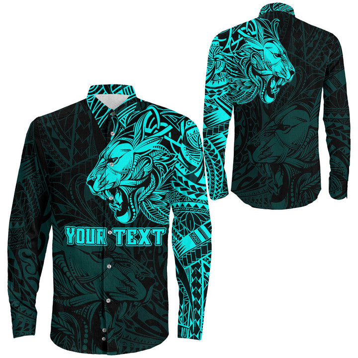 RugbyLife Clothing - Polynesian Tattoo Style Tribal Lion - Cyan Version Long Sleeve Button Shirt A7 | RugbyLife