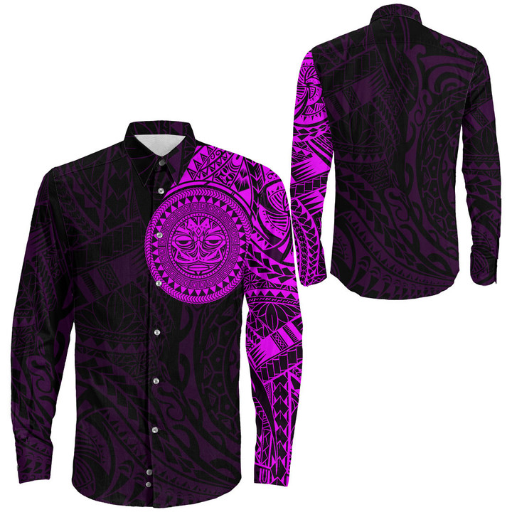 RugbyLife Clothing - Polynesian Sun Mask Tattoo Style - Pink Version Long Sleeve Button Shirt A7 | RugbyLife