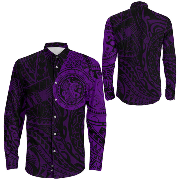 RugbyLife Clothing - Lizard Gecko Maori Polynesian Style Tattoo - Purple Version Long Sleeve Button Shirt A7 | RugbyLife