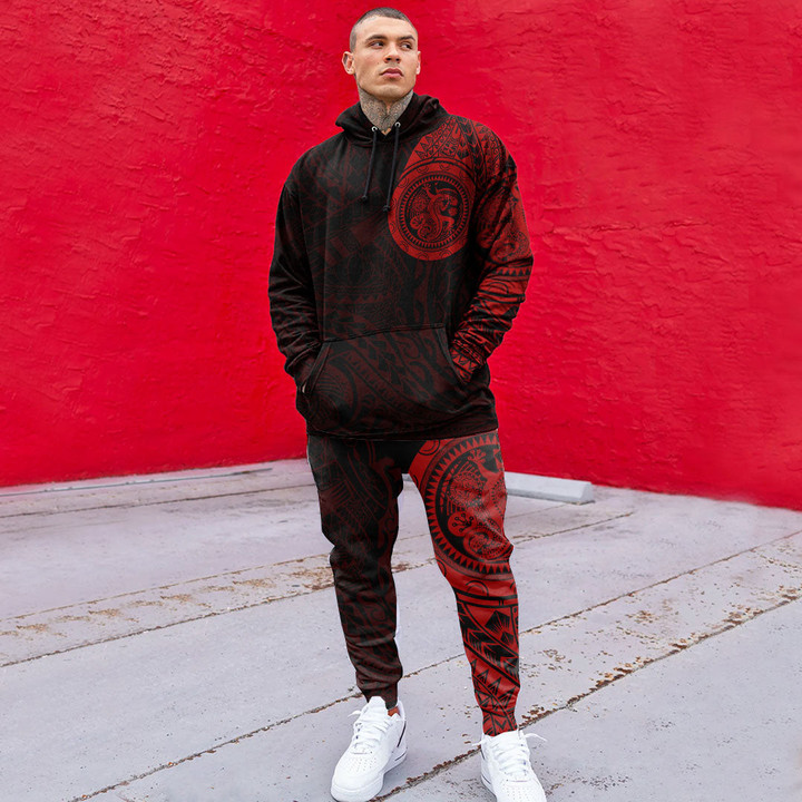 RugbyLife Clothing - Lizard Gecko Maori Polynesian Style Tattoo - Red Version Hoodie and Joggers Pant A7 | RugbyLife