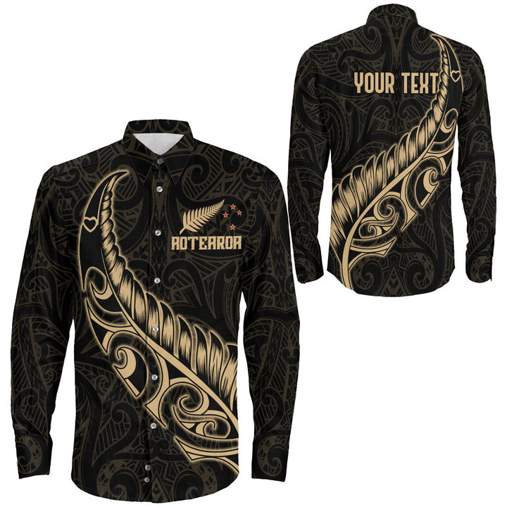 RugbyLife Clothing - (Custom) New Zealand Aotearoa Maori Fern - Gold Version Long Sleeve Button Shirt A7 | RugbyLife