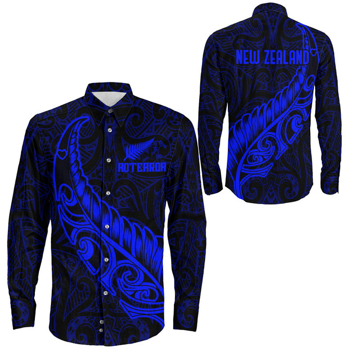 RugbyLife Clothing - New Zealand Aotearoa Maori Fern - Blue Version Long Sleeve Button Shirt A7 | RugbyLife
