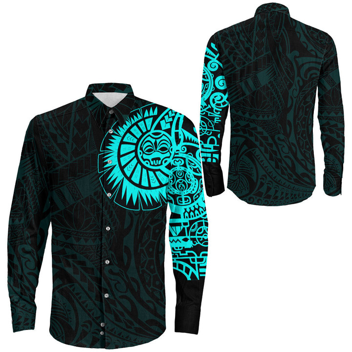 RugbyLife Clothing - Polynesian Tattoo Style - Cyan Version Long Sleeve Button Shirt A7 | RugbyLife