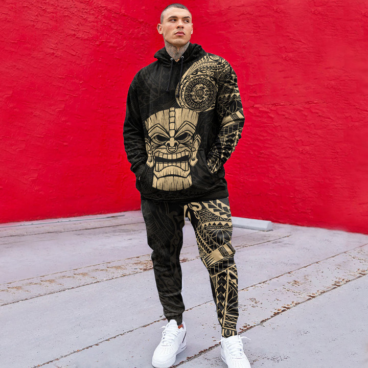 RugbyLife Clothing - Polynesian Tattoo Style Tiki - Gold Version Hoodie and Joggers Pant A7 | RugbyLife
