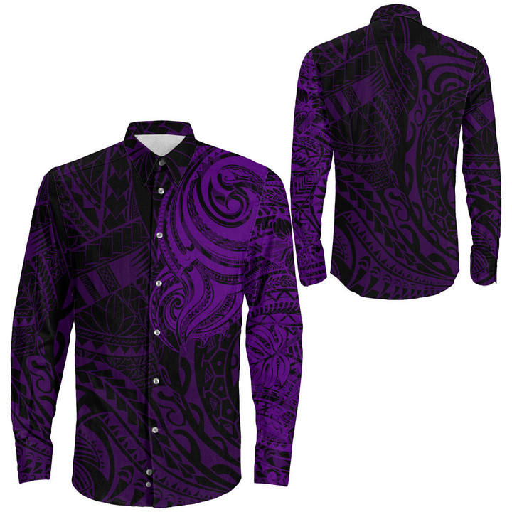 RugbyLife Clothing - Polynesian Tattoo Style - Purple Version Long Sleeve Button Shirt A7 | RugbyLife