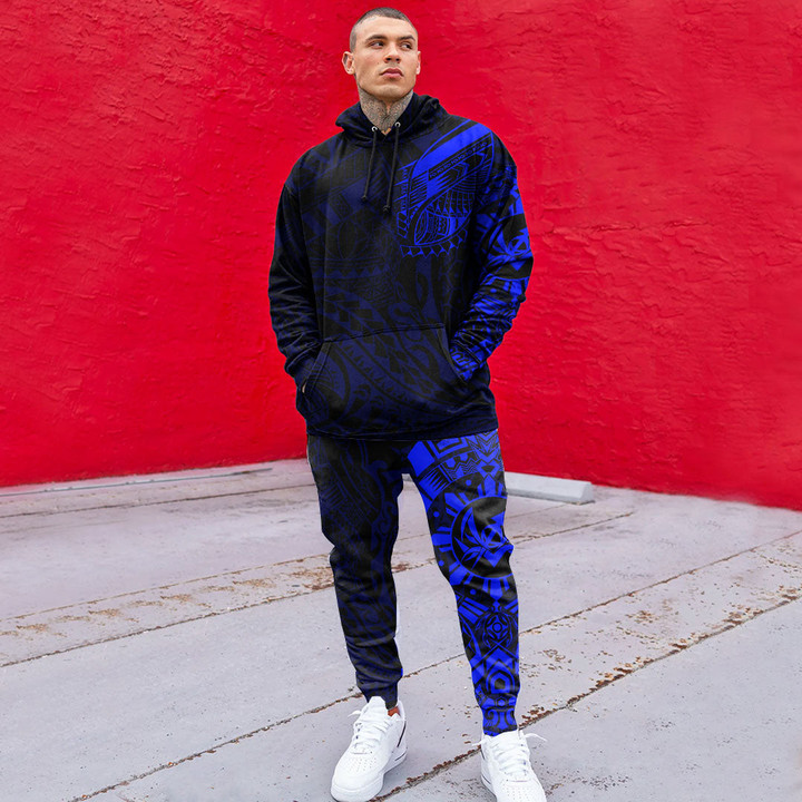 RugbyLife Clothing - Polynesian Tattoo Style Tatau - Blue Version Hoodie and Joggers Pant A7 | RugbyLife