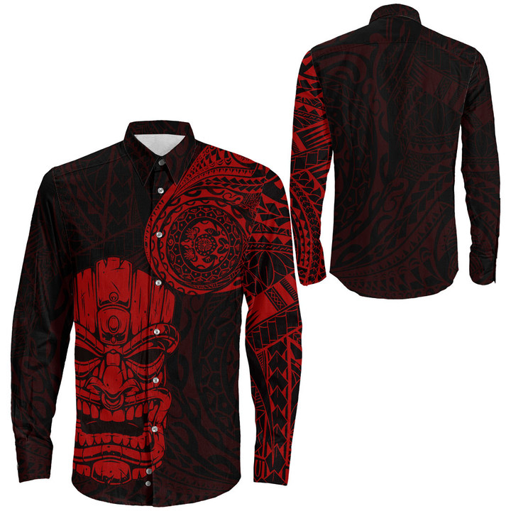 RugbyLife Clothing - Polynesian Tattoo Style Tiki - Red Version Long Sleeve Button Shirt A7 | RugbyLife
