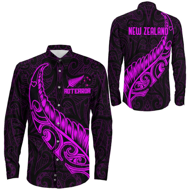 RugbyLife Clothing - New Zealand Aotearoa Maori Fern - Pink Version Long Sleeve Button Shirt A7 | RugbyLife