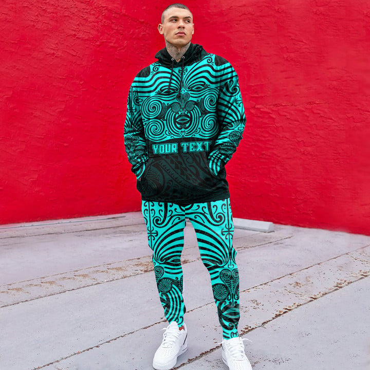 RugbyLife Clothing - (Custom) Polynesian Tattoo Style Maori Traditional Mask - Cyan Version Hoodie and Joggers Pant A7 | RugbyLife