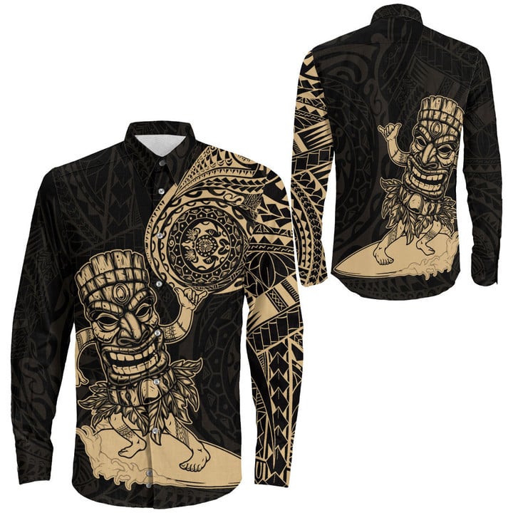 RugbyLife Clothing - Polynesian Tattoo Style Tiki Surfing - Gold Version Long Sleeve Button Shirt A7 | RugbyLife