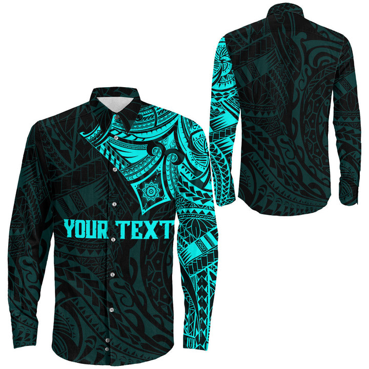 RugbyLife Clothing - (Custom) Polynesian Tattoo Style - Cyan Version Long Sleeve Button Shirt A7 | RugbyLife