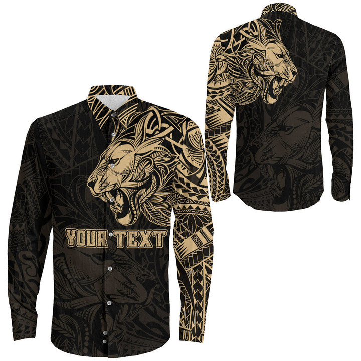 RugbyLife Clothing - Polynesian Tattoo Style Tribal Lion - Gold Version Long Sleeve Button Shirt A7 | RugbyLife