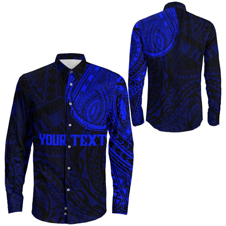 RugbyLife Clothing - (Custom) Polynesian Tattoo Style - Blue Version Long Sleeve Button Shirt A7 | RugbyLife