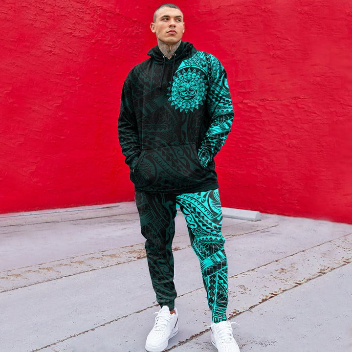 RugbyLife Clothing - Polynesian Sun Tattoo Style - Cyan Version Hoodie and Joggers Pant A7 | RugbyLife