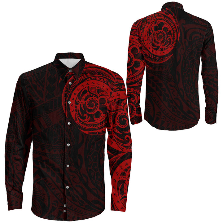 RugbyLife Clothing - Special Polynesian Tattoo Style - Red Version Long Sleeve Button Shirt A7 | RugbyLife