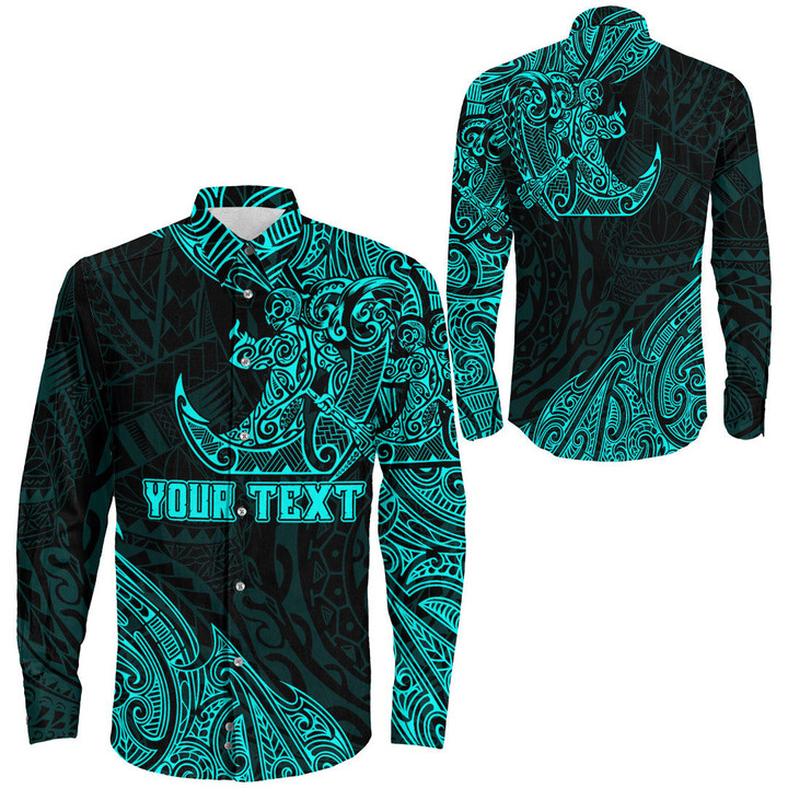 RugbyLife Clothing - (Custom) Polynesian Tattoo Style Surfing - Cyan Version Long Sleeve Button Shirt A7 | RugbyLife