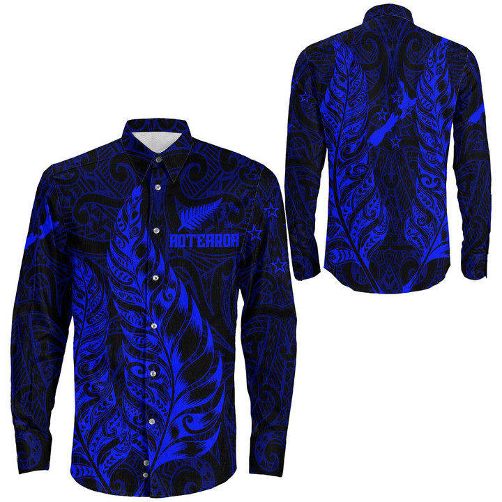 RugbyLife Clothing - New Zealand Aotearoa Maori Silver Fern New - Blue Version Long Sleeve Button Shirt A7 | RugbyLife