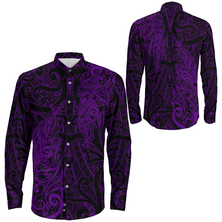 RugbyLife Clothing - Polynesian Tattoo Style Maori Silver Fern - Purple Version Long Sleeve Button Shirt A7 | RugbyLife