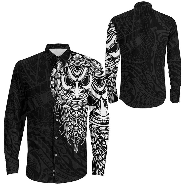 RugbyLife Clothing - Polynesian Tattoo Style Mask Native Long Sleeve Button Shirt A7 | RugbyLife
