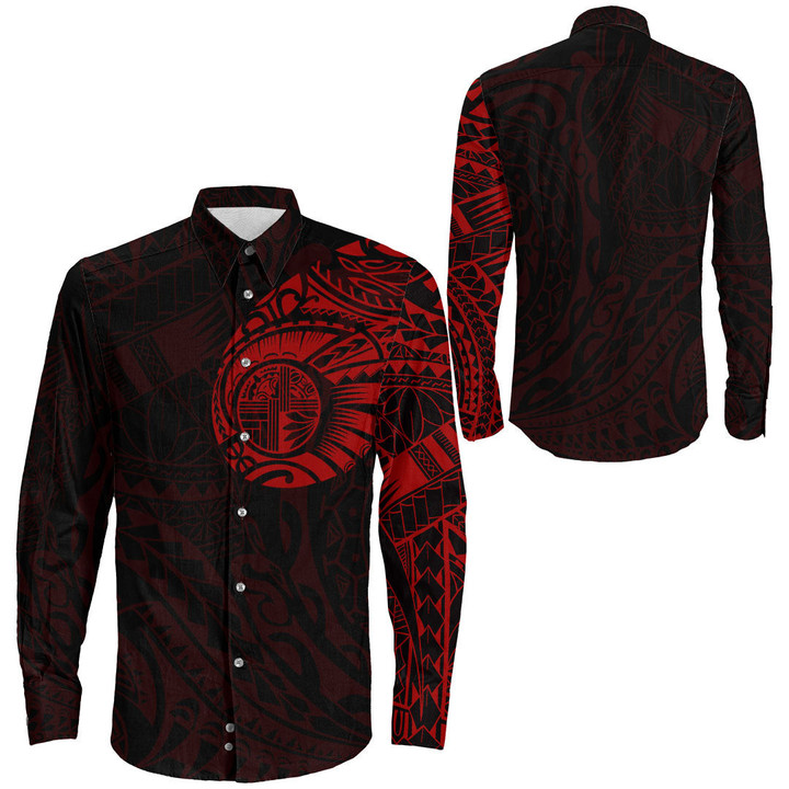 RugbyLife Clothing - Polynesian Tattoo Style Tattoo - Red Version Long Sleeve Button Shirt A7 | RugbyLife