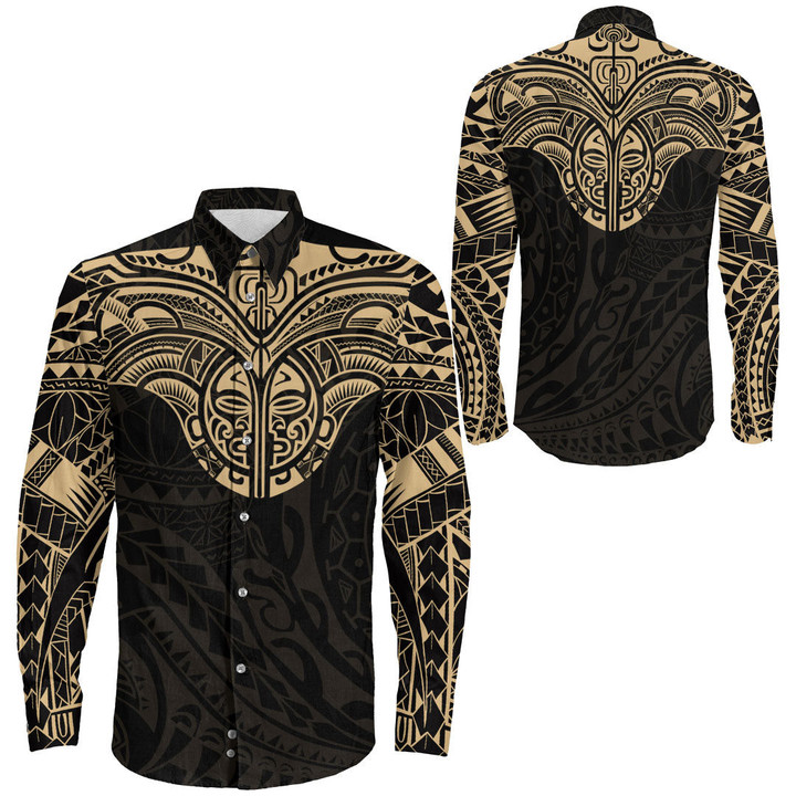 RugbyLife Clothing - Polynesian Tattoo Style Tattoo - Gold Version Long Sleeve Button Shirt A7 | RugbyLife