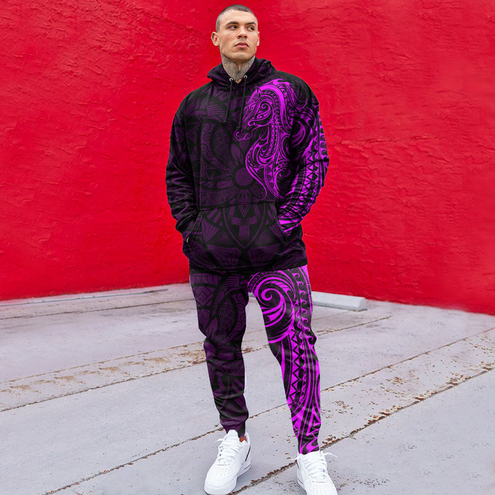 RugbyLife Clothing - Polynesian Tattoo Style Horse - Pink Version Hoodie and Joggers Pant A7 | RugbyLife