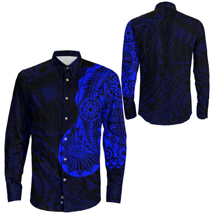 RugbyLife Clothing - Polynesian Tattoo Style Tatau - Blue Version Long Sleeve Button Shirt A7 | RugbyLife