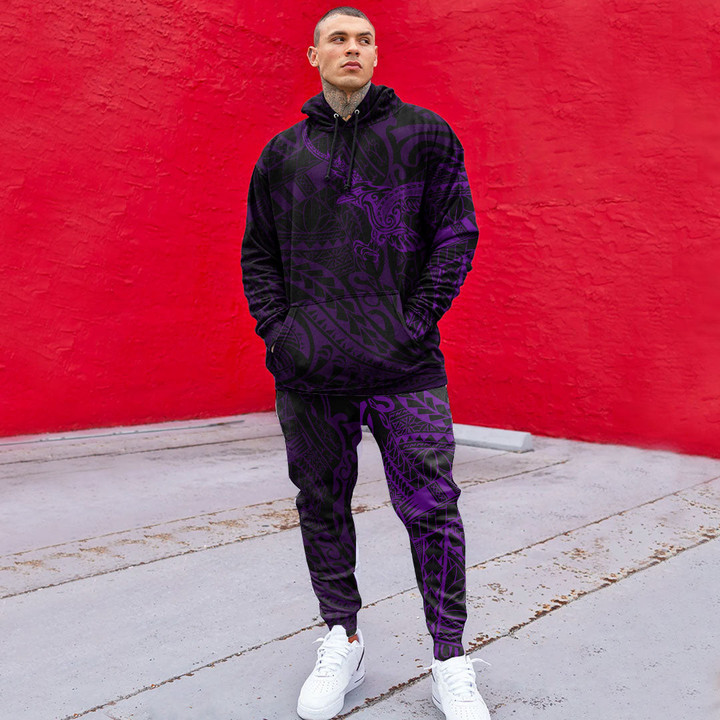 RugbyLife Clothing - Polynesian Tattoo Style Crow - Purple Version Hoodie and Joggers Pant A7 | RugbyLife