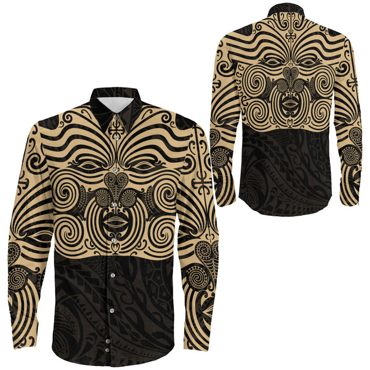 RugbyLife Clothing - Polynesian Tattoo Style Maori Traditional Mask - Gold Version Long Sleeve Button Shirt A7 | RugbyLife