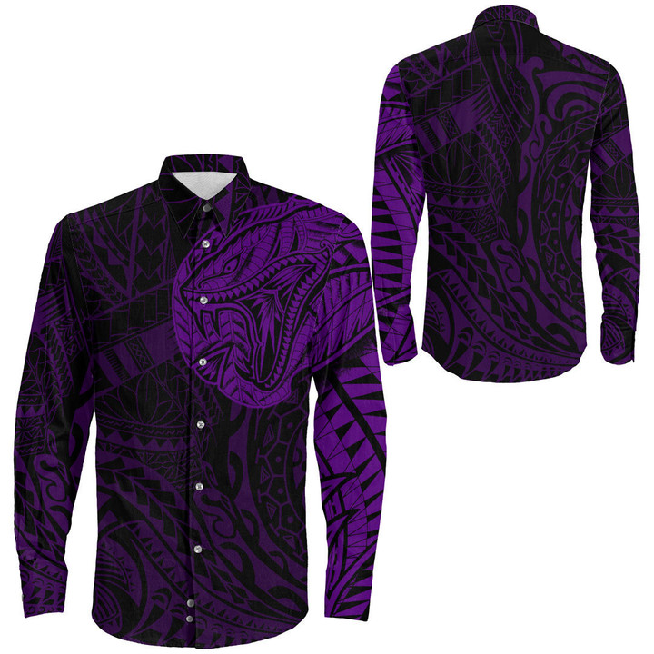 RugbyLife Clothing - Polynesian Tattoo Style Snake - Purple Version Long Sleeve Button Shirt A7 | RugbyLife