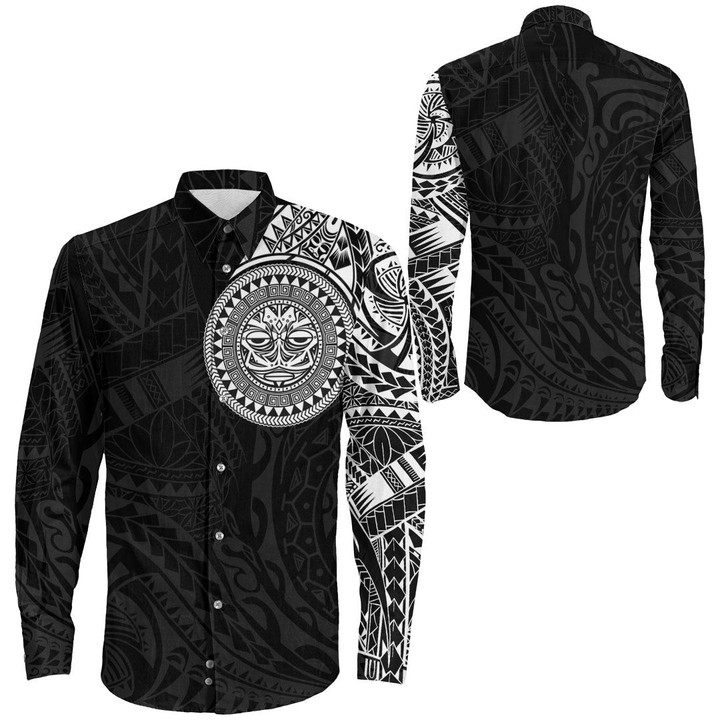 RugbyLife Clothing - Polynesian Sun Mask Tattoo Style Long Sleeve Button Shirt A7 | RugbyLife