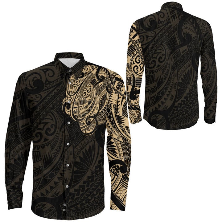 RugbyLife Clothing - Polynesian Tattoo Style - Gold Version Long Sleeve Button Shirt A7 | RugbyLife