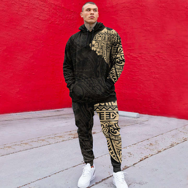 RugbyLife Clothing - Polynesian Tattoo Style Melanesian Style Aboriginal Tattoo - Gold Version Hoodie and Joggers Pant A7 | RugbyLife