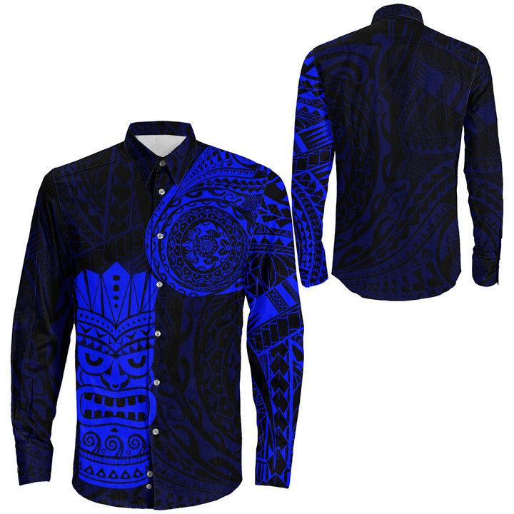 RugbyLife Clothing - Polynesian Tattoo Style Tiki - Blue Version Long Sleeve Button Shirt A7 | RugbyLife