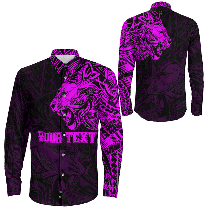 RugbyLife Clothing - Polynesian Tattoo Style Tribal Lion - Pink Version Long Sleeve Button Shirt A7 | RugbyLife