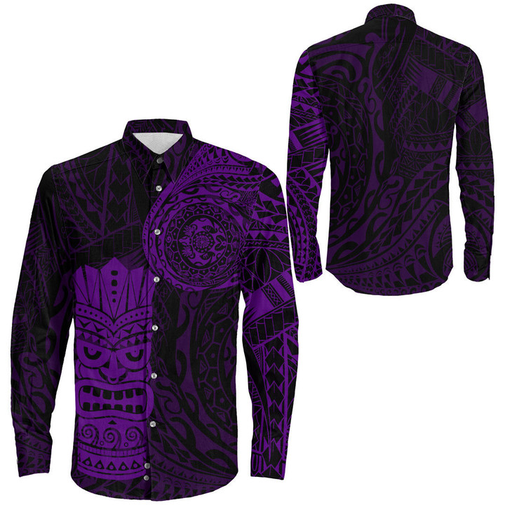 RugbyLife Clothing - Polynesian Tattoo Style Tiki - Purple Version Long Sleeve Button Shirt A7 | RugbyLife