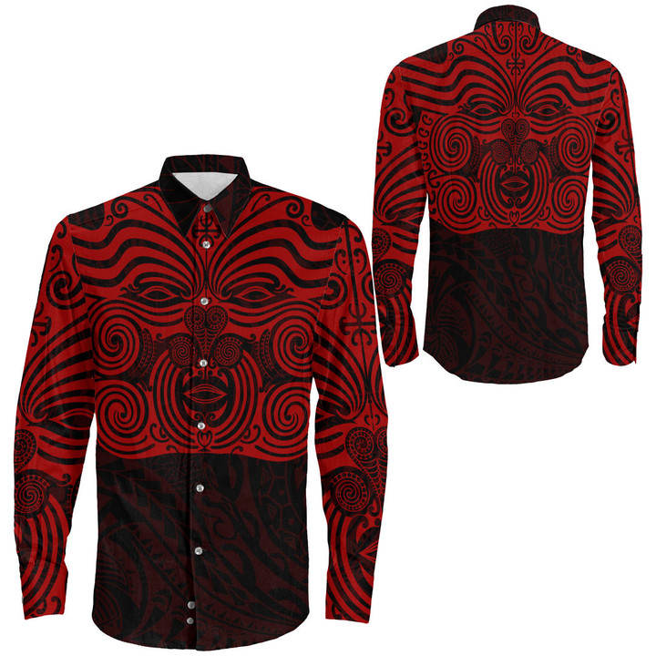 RugbyLife Clothing - Polynesian Tattoo Style Maori Traditional Mask - Red Version Long Sleeve Button Shirt A7 | RugbyLife