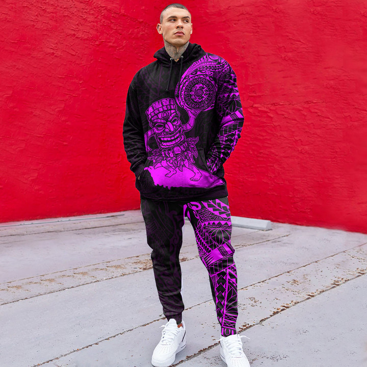 RugbyLife Clothing - Polynesian Tattoo Style Tiki Surfing - Pink Version Hoodie and Joggers Pant A7 | RugbyLife