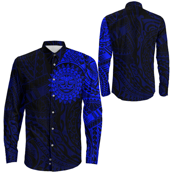 RugbyLife Clothing - Polynesian Sun Tattoo Style - Blue Version Long Sleeve Button Shirt A7 | RugbyLife